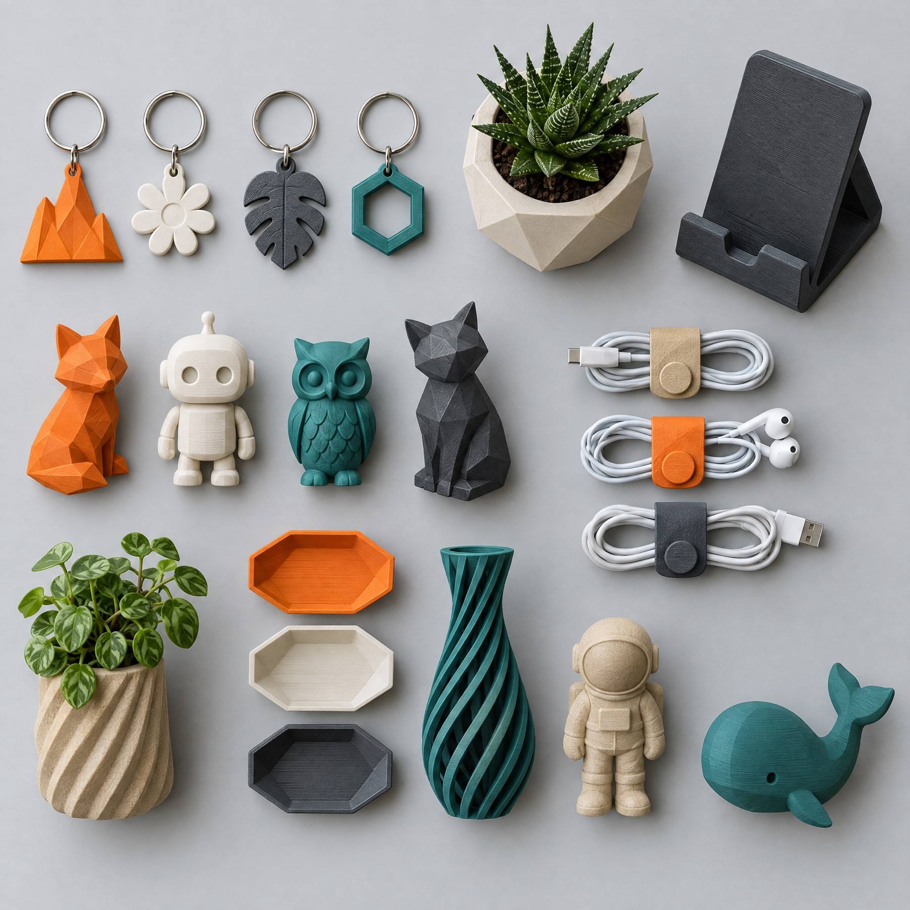 Peças impressas em 3D organizadas sobre fundo cinza